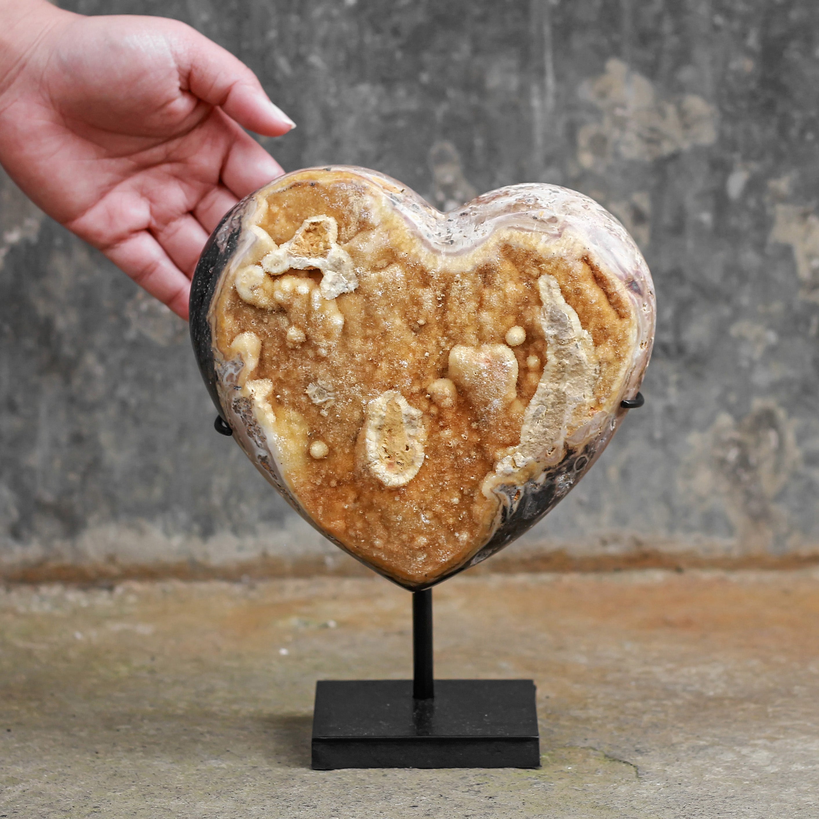 Stunning Heart Shape of Yellow Crystal Rock on a custom stand CH/018