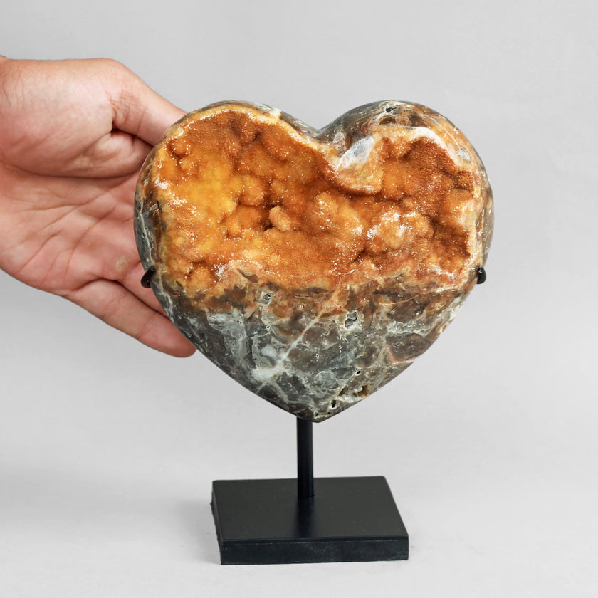Stunning Heart Shape of Yellow Crystal Rock on a custom stand CH/013