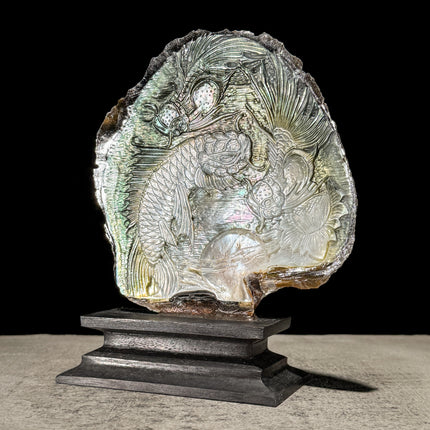 Hand-Carved Koi Fish on Mother of Pearl Shell – Feng Shui Home Decor – Iridescent Shell Sculpture with Stand - ToS,A/029