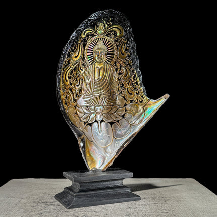 Hand-Carved Buddha on Mother of Pearl Shell – Spiritual Home Decor – Iridescent Shell Sculpture with Stand - ToS,A/026