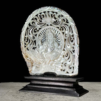 Hand-Carved Ganesha on Mother of Pearl Shell – Spiritual Hindu Decor – Iridescent Shell Sculpture with Stand - ToS,A/028