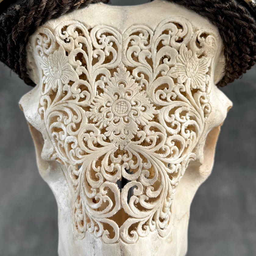 Carved Ram Skull with Traditional Balinese Motif - White Wall Art Decor for Boho, Rustic & Eclectic Interiors
