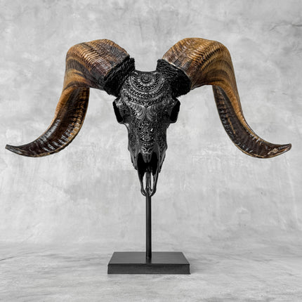 Carved Ram Skull with Badong Motif - Black Wall Art Decor for Boho, Rustic & Eclectic Interiors - Skull,A/116