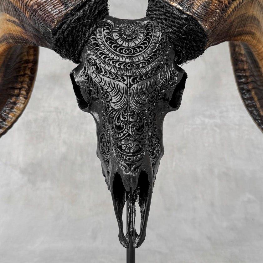 Carved Ram Skull with Badong Motif - Black Wall Art Decor for Boho, Rustic & Eclectic Interiors