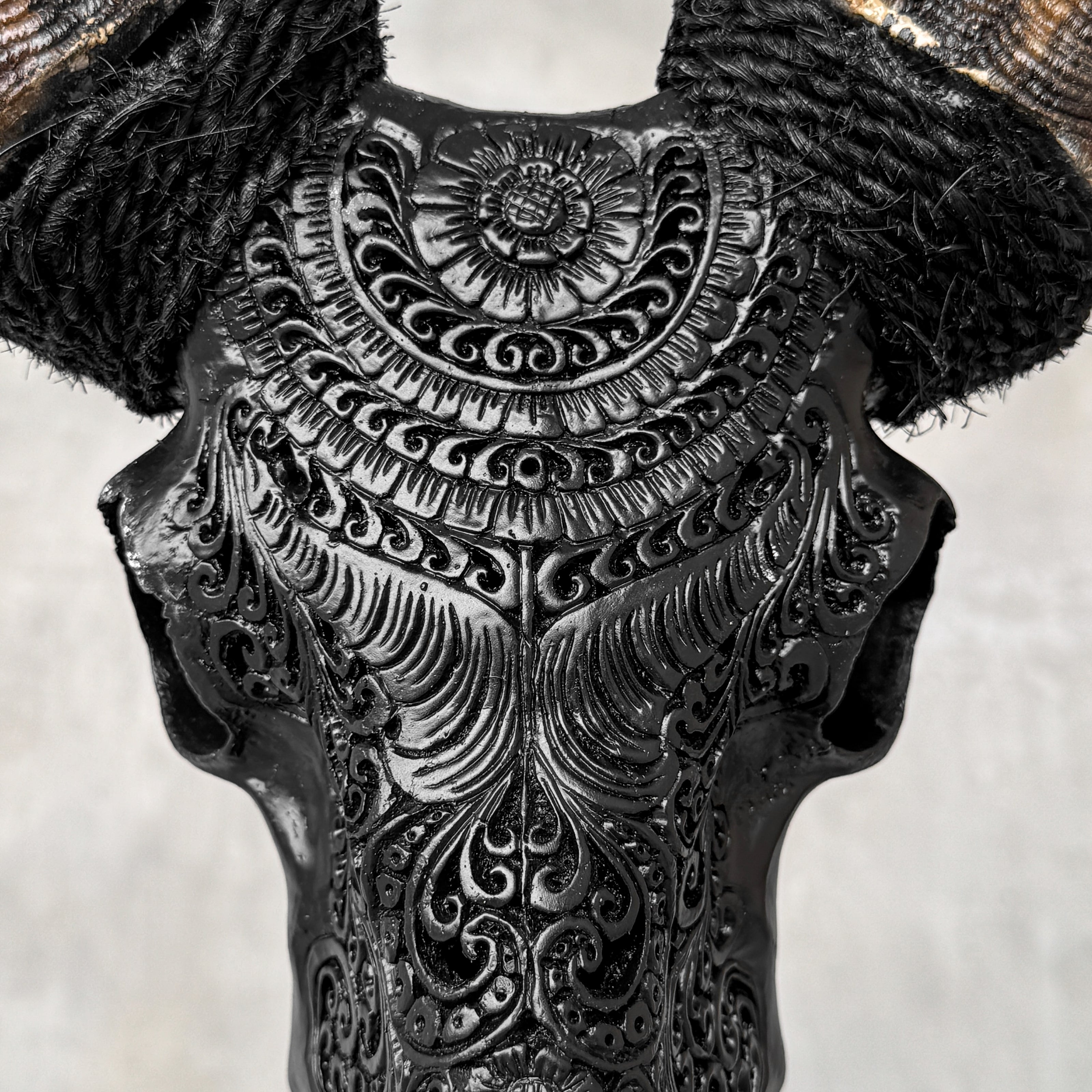 Carved Ram Skull with Badong Motif - Black Wall Art Decor for Boho, Rustic & Eclectic Interiors - Skull,A/116