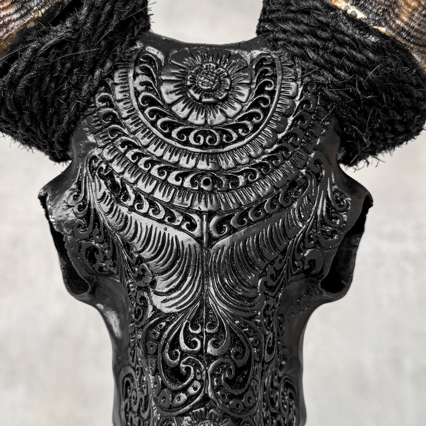 Carved Ram Skull with Badong Motif - Black Wall Art Decor for Boho, Rustic & Eclectic Interiors