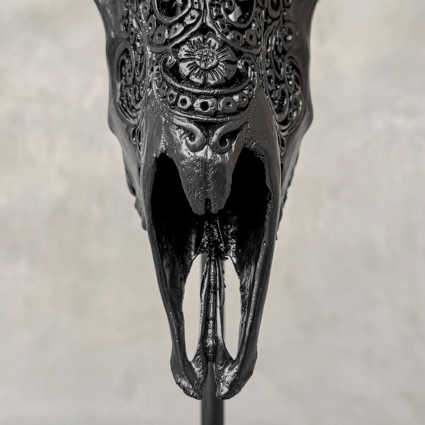 Carved Ram Skull with Badong Motif - Black Wall Art Decor for Boho, Rustic & Eclectic Interiors