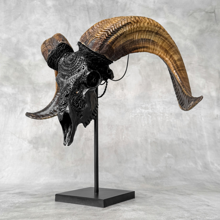 Carved Ram Skull with Badong Motif - Black Wall Art Decor for Boho, Rustic & Eclectic Interiors