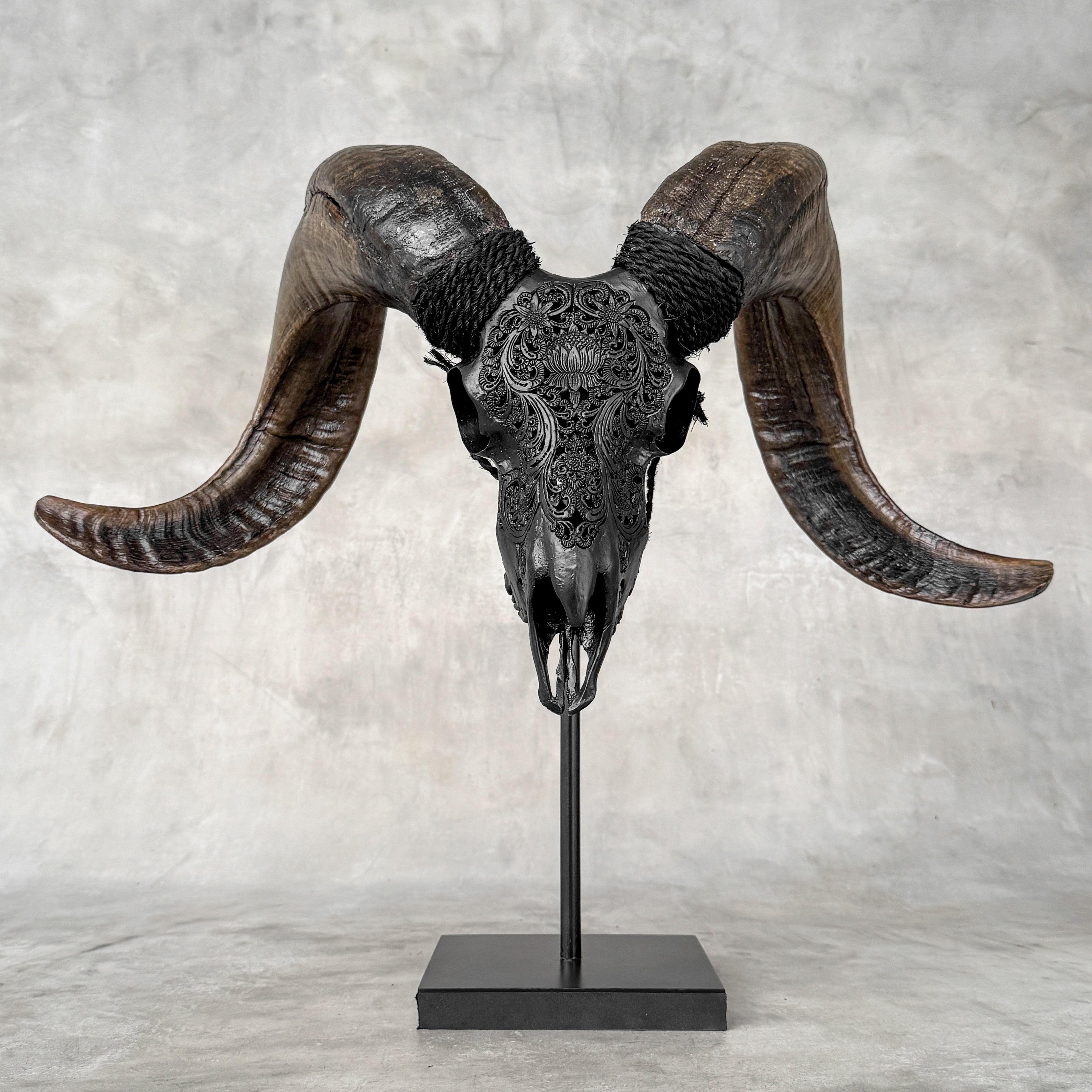 Carved Ram Skull with Big Lotus Motif - Black Wall Art Decor for Boho, Rustic & Eclectic Interiors - Skull,A/114