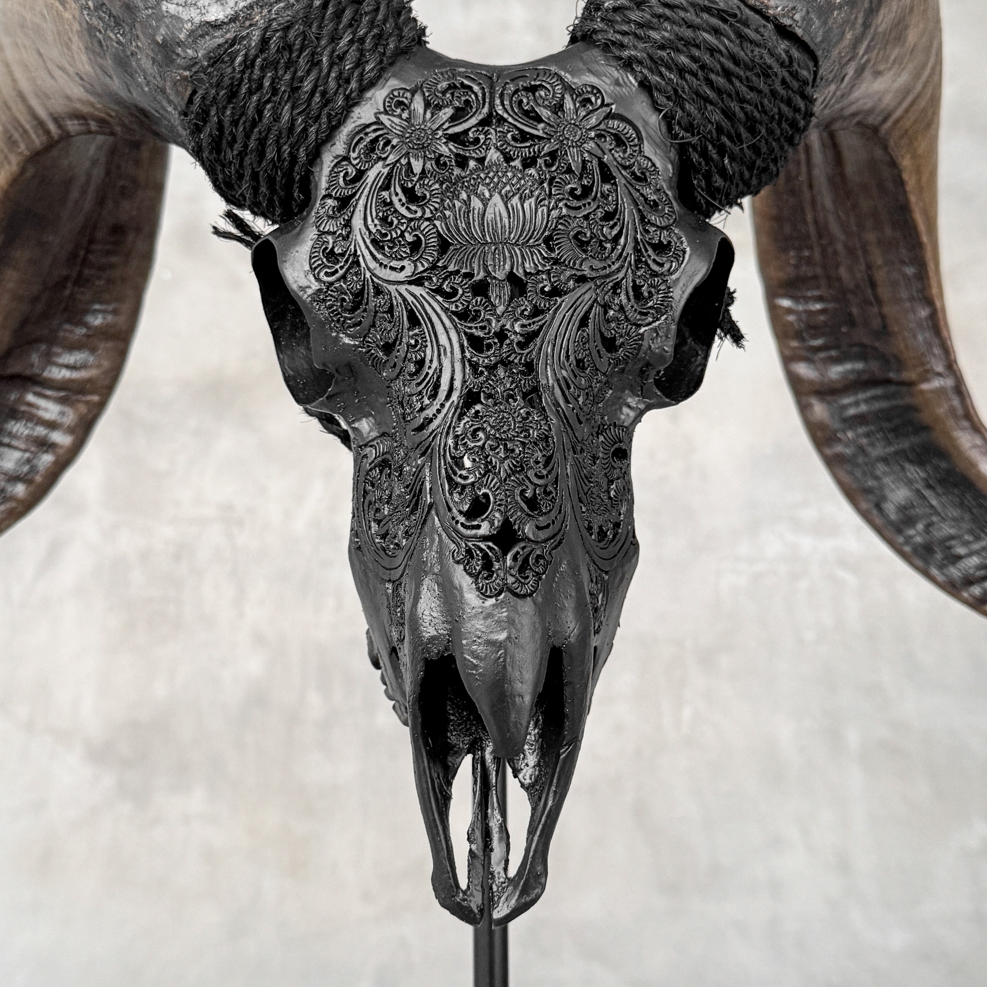 Carved Ram Skull with Big Lotus Motif - Black Wall Art Decor for Boho, Rustic & Eclectic Interiors - Skull,A/114