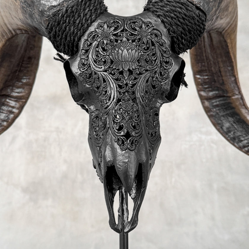 Carved Ram Skull with Big Lotus Motif - Black Wall Art Decor for Boho, Rustic & Eclectic Interiors