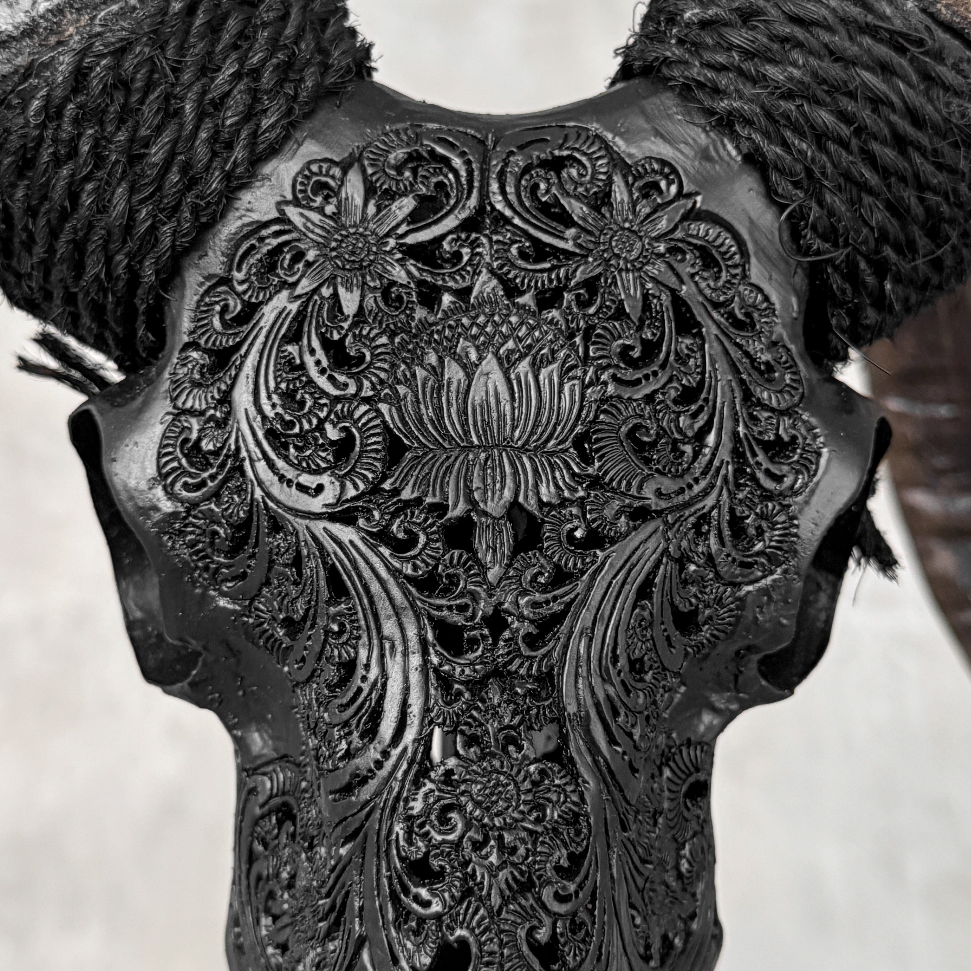 Carved Ram Skull with Big Lotus Motif - Black Wall Art Decor for Boho, Rustic & Eclectic Interiors - Skull,A/114