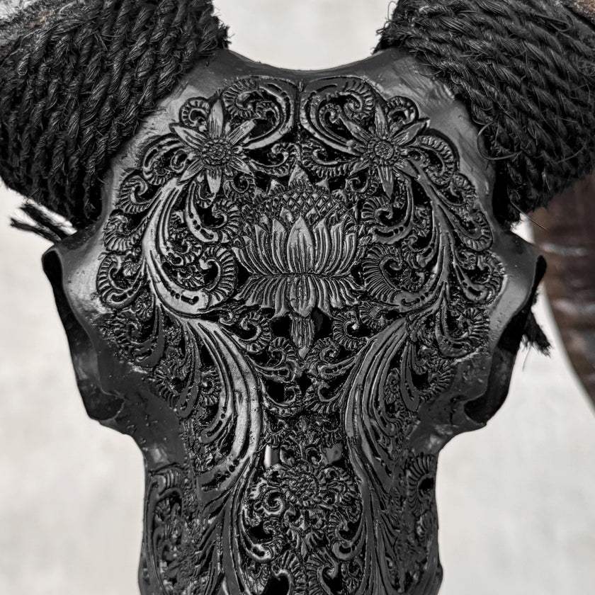 Carved Ram Skull with Big Lotus Motif - Black Wall Art Decor for Boho, Rustic & Eclectic Interiors