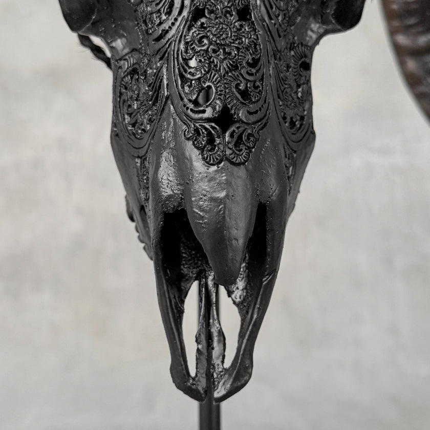 Carved Ram Skull with Big Lotus Motif - Black Wall Art Decor for Boho, Rustic & Eclectic Interiors