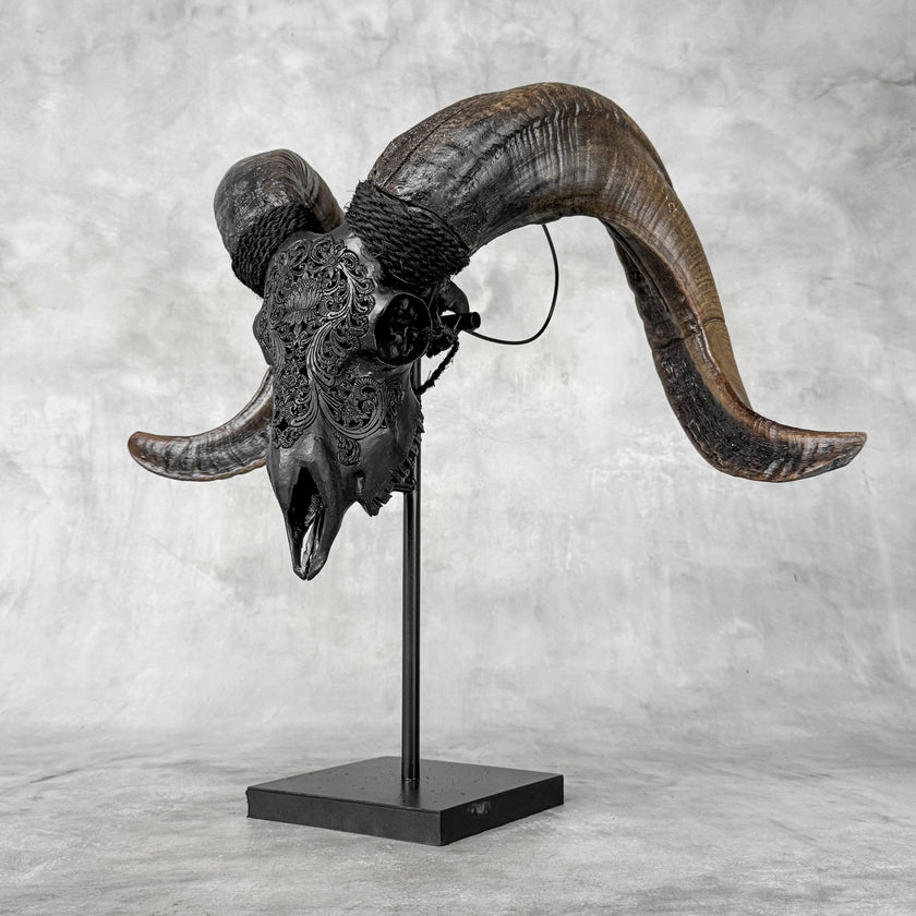 Carved Ram Skull with Big Lotus Motif - Black Wall Art Decor for Boho, Rustic & Eclectic Interiors
