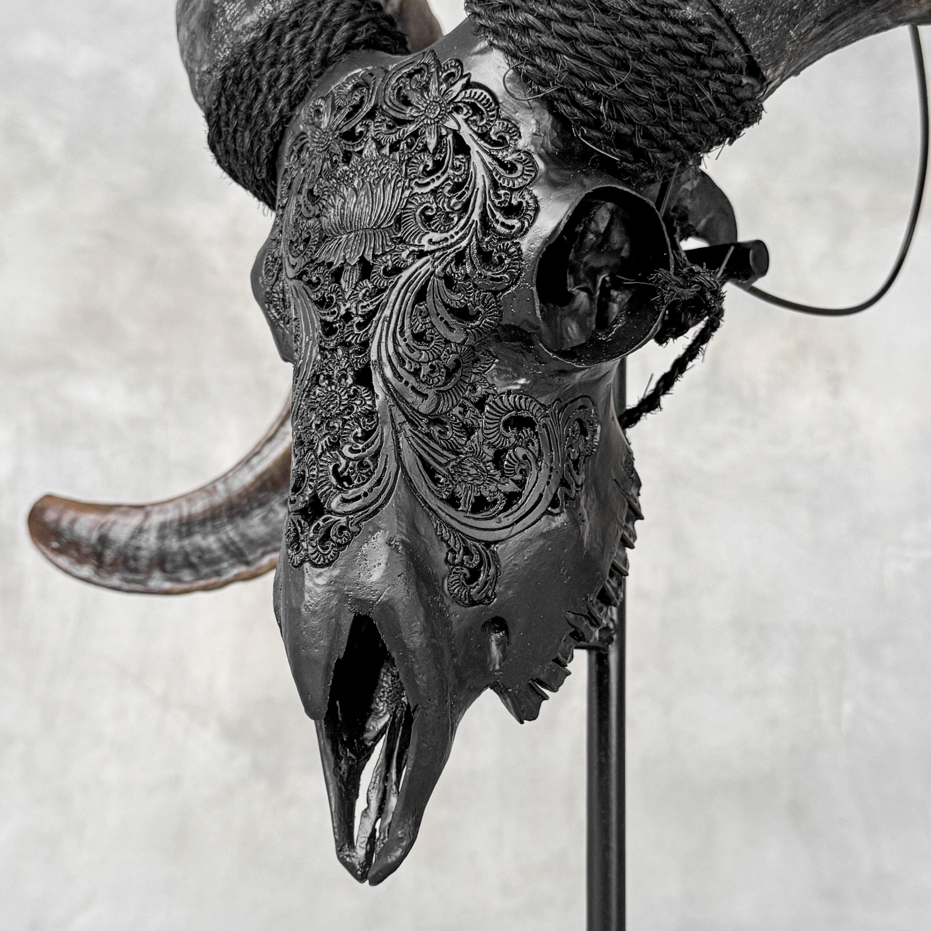 Carved Ram Skull with Big Lotus Motif - Black Wall Art Decor for Boho, Rustic & Eclectic Interiors - Skull,A/114