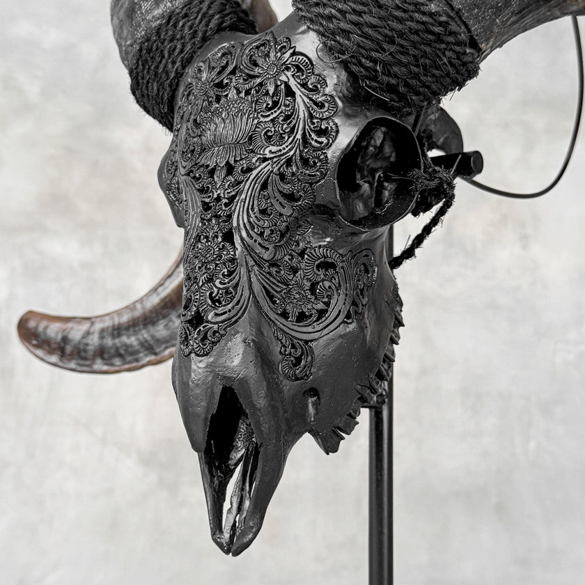 Carved Ram Skull with Big Lotus Motif - Black Wall Art Decor for Boho, Rustic & Eclectic Interiors