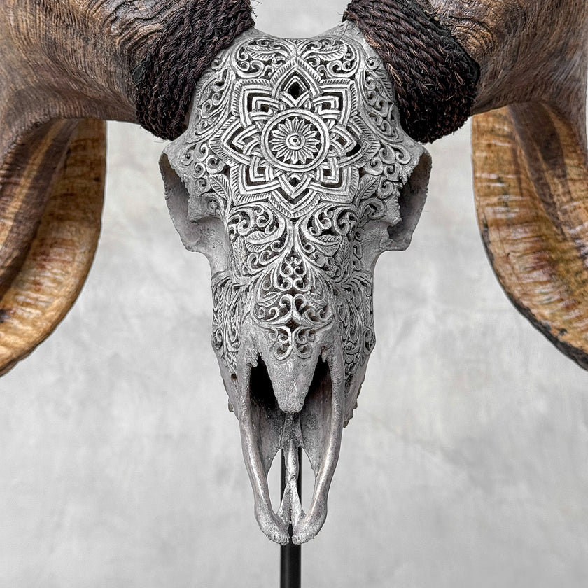 Carved Ram Skull with Star Mandala motif on stand - Skull,A/160