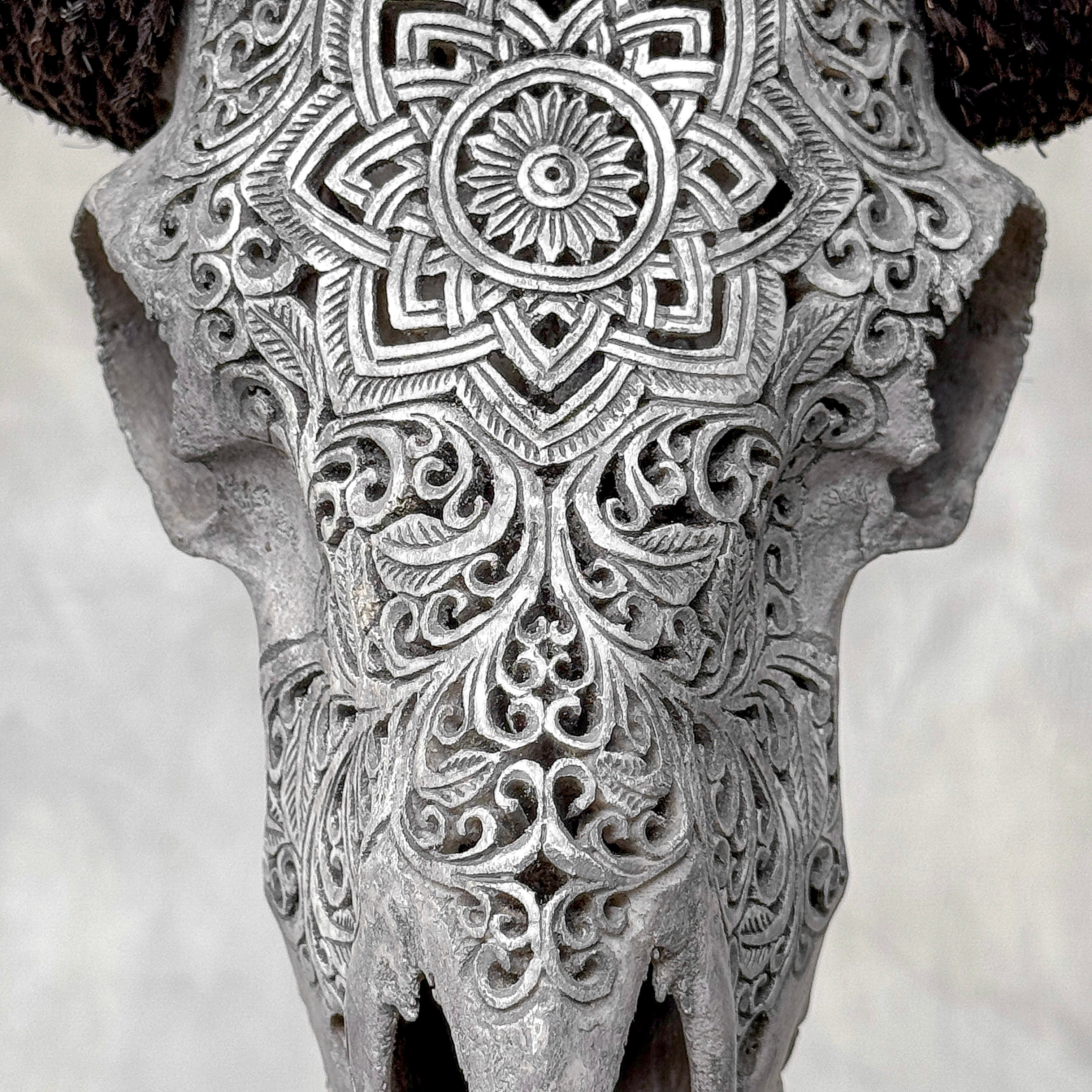 Carved Ram Skull with Star Mandala motif on stand - Skull,A/160