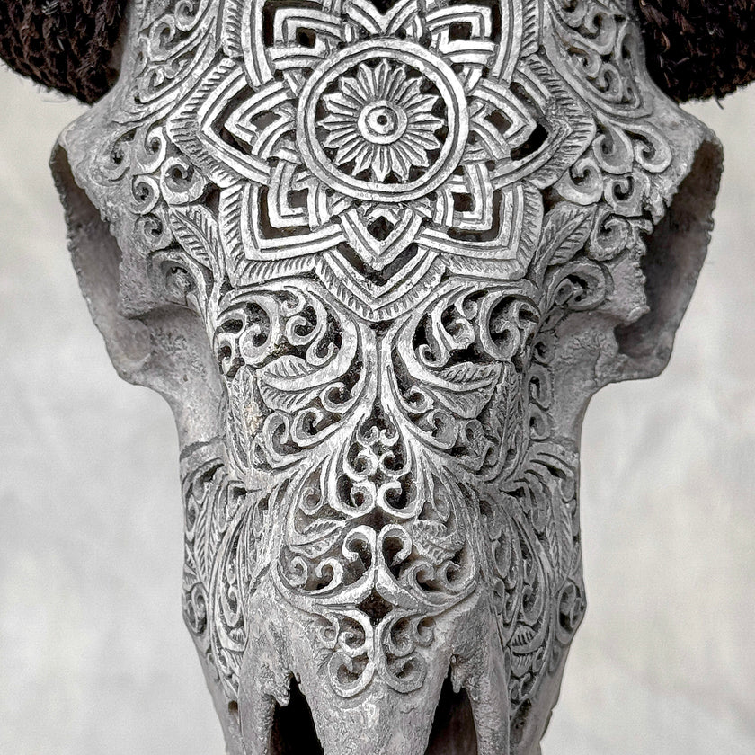 Carved Ram Skull with Star Mandala motif on stand - Skull,A/160