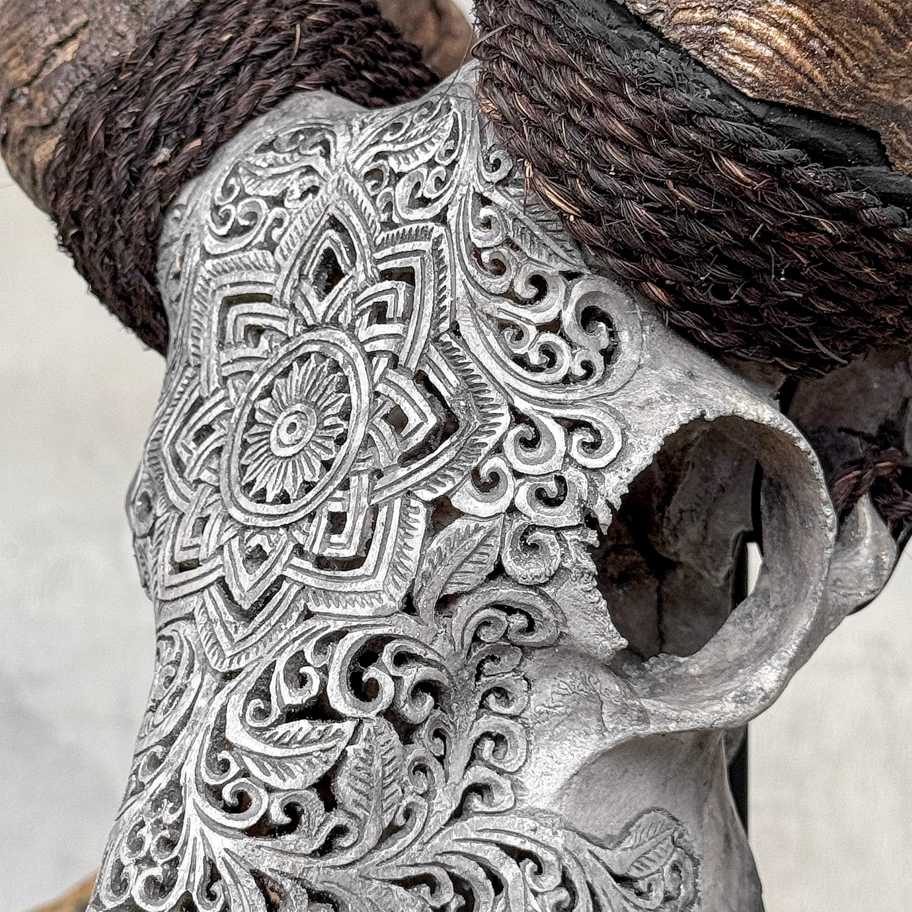 Carved Ram Skull with Star Mandala motif on stand - Skull,A/160