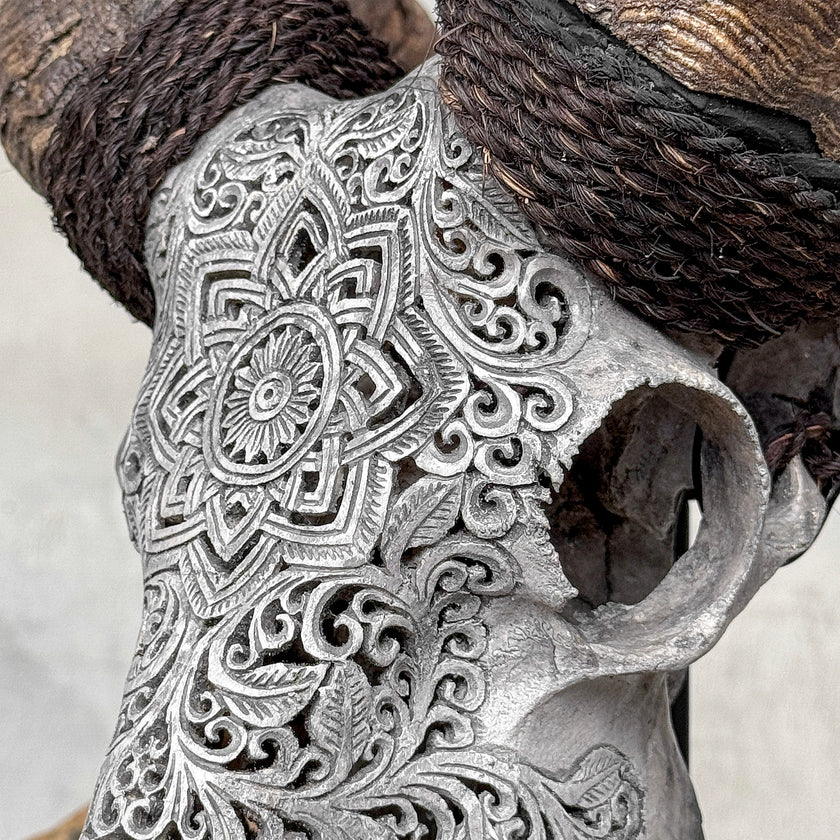 Carved Ram Skull with Star Mandala motif on stand - Skull,A/160