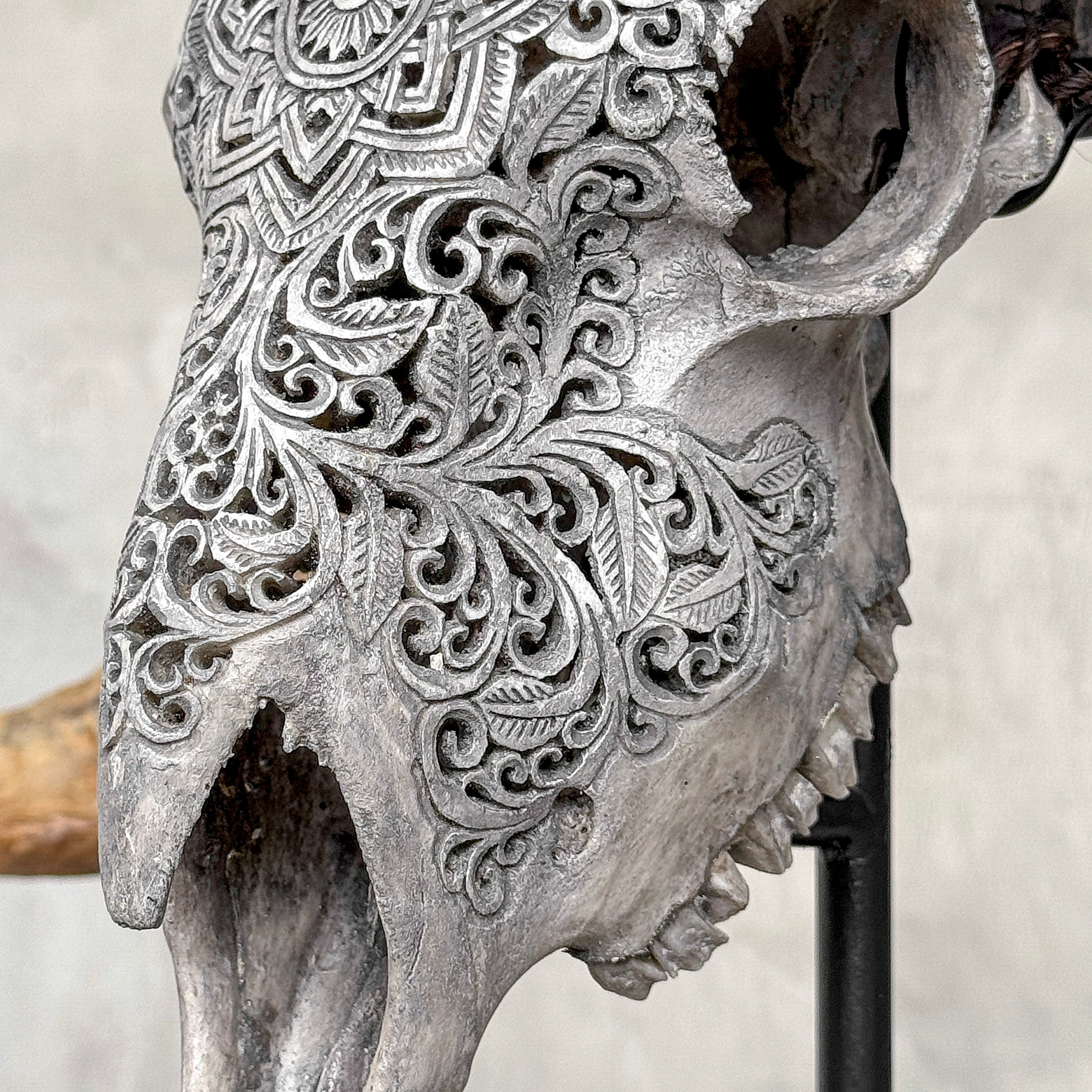 Carved Ram Skull with Star Mandala motif on stand - Skull,A/160
