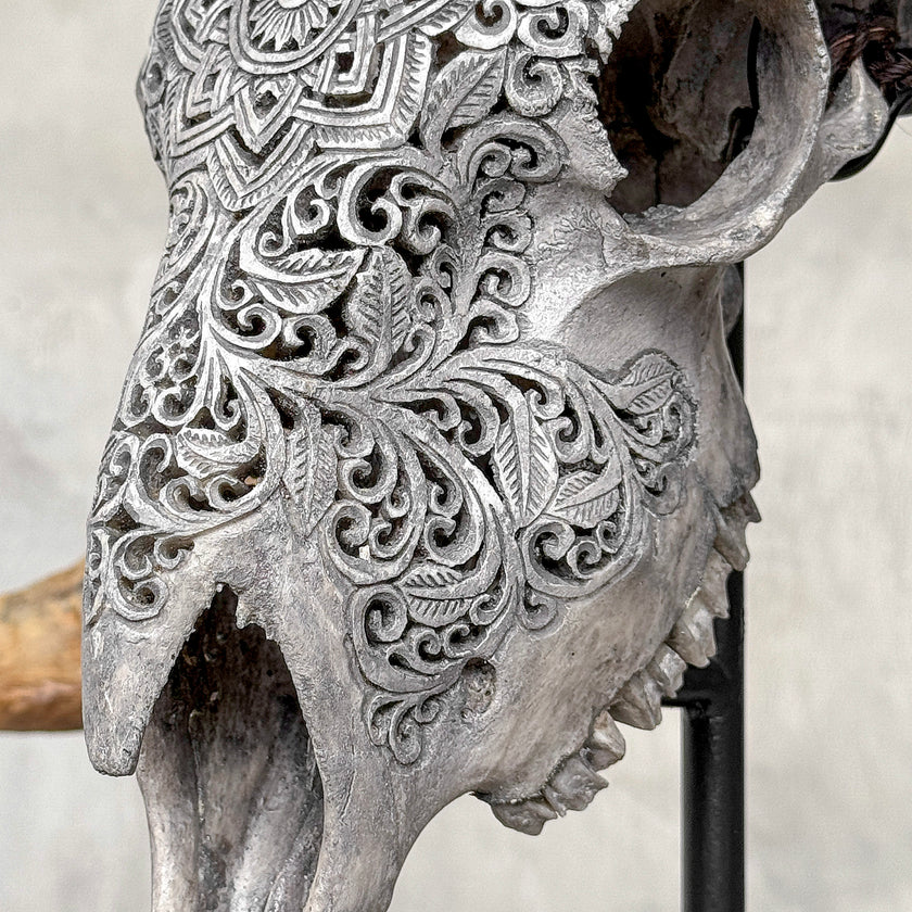 Carved Ram Skull with Star Mandala motif on stand - Skull,A/160