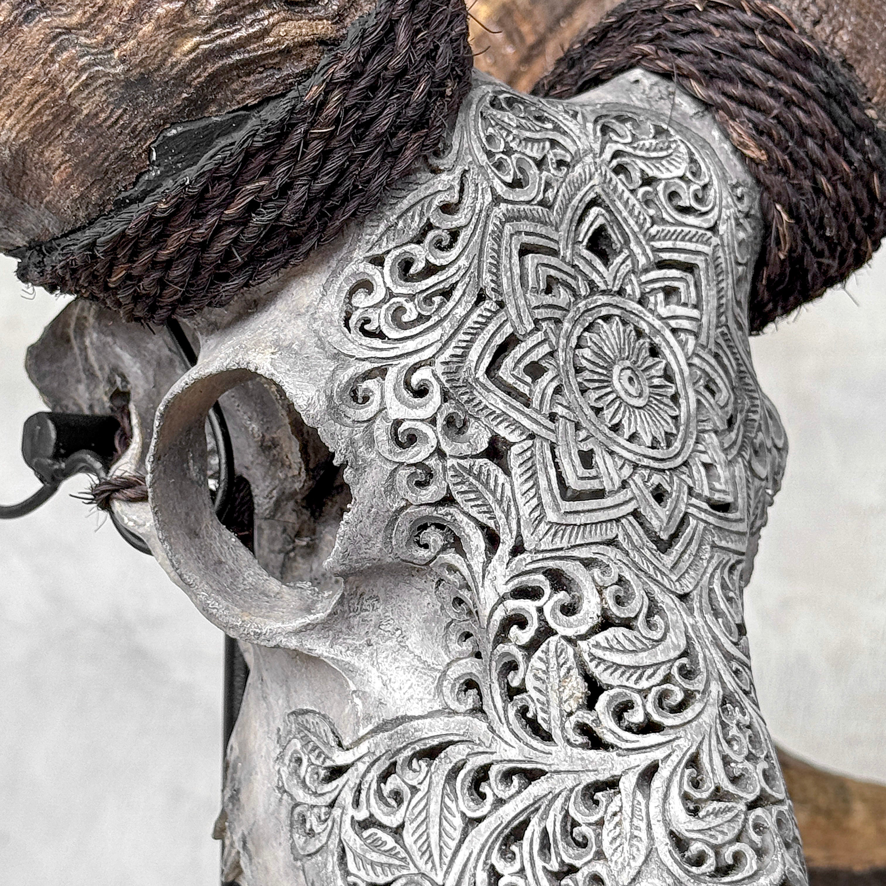 Carved Ram Skull with Star Mandala motif on stand - Skull,A/160