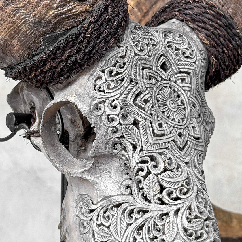 Carved Ram Skull with Star Mandala motif on stand - Skull,A/160