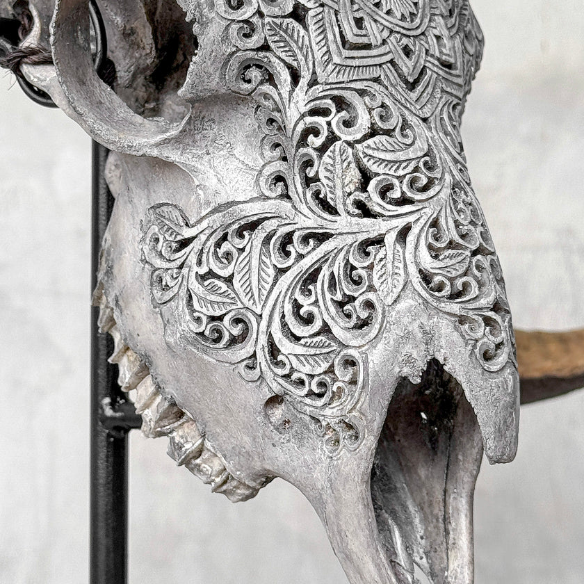 Carved Ram Skull with Star Mandala motif on stand - Skull,A/160