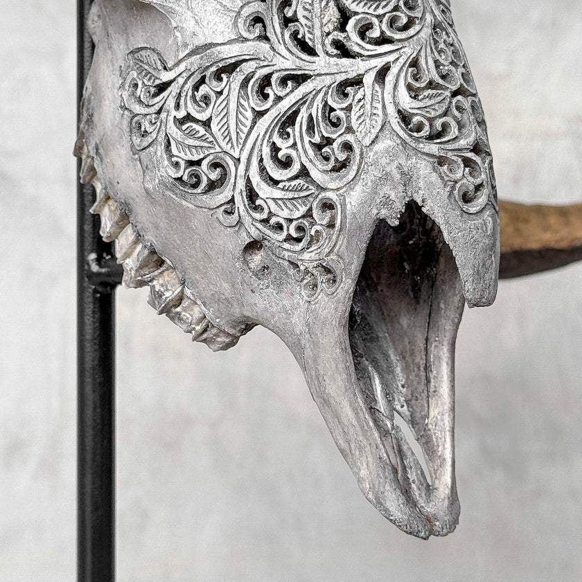 Carved Ram Skull with Star Mandala motif on stand - Skull,A/160