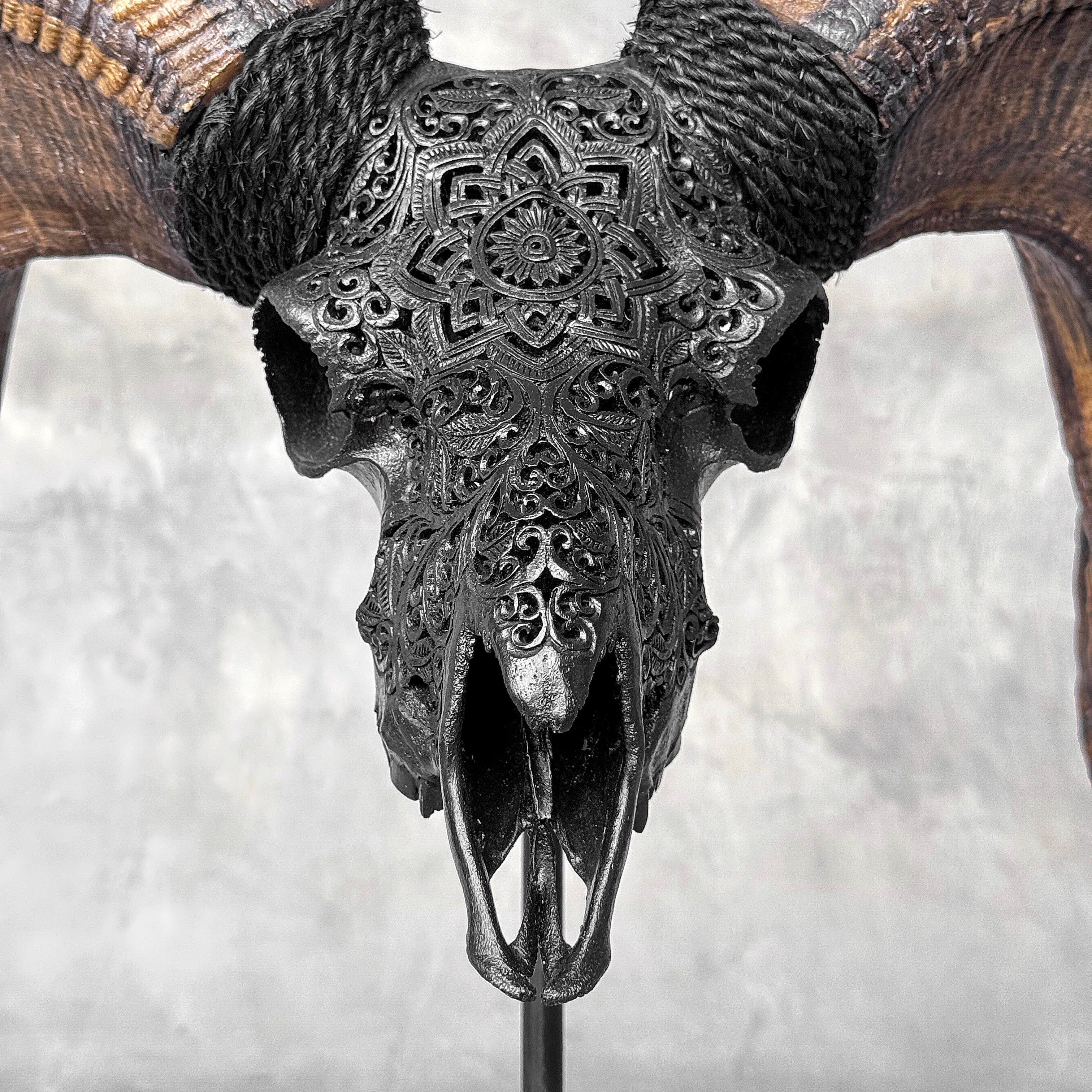 Carved Ram Skull with Star Mandala motif on stand - Skull,A/182