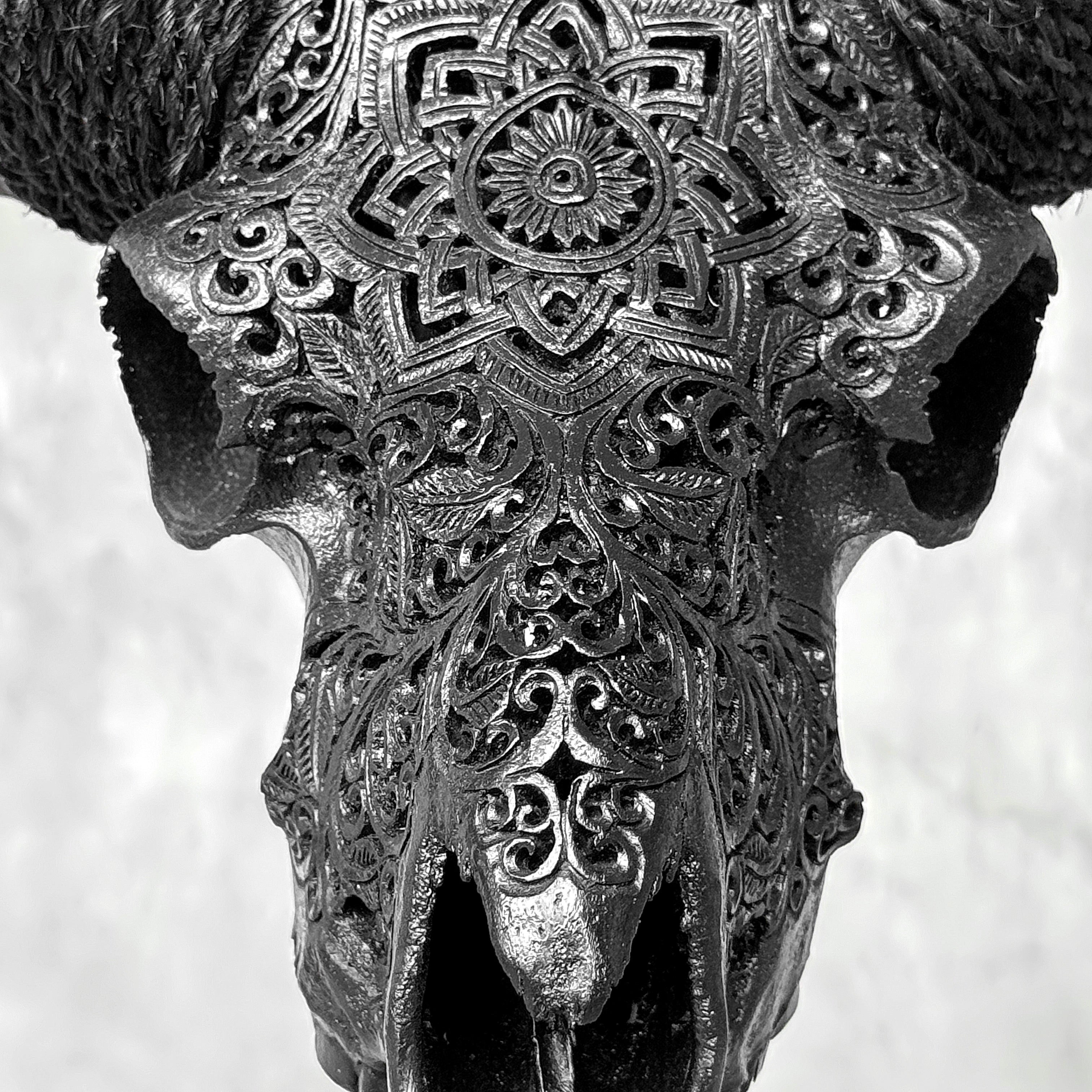 Carved Ram Skull with Star Mandala motif on stand - Skull,A/182