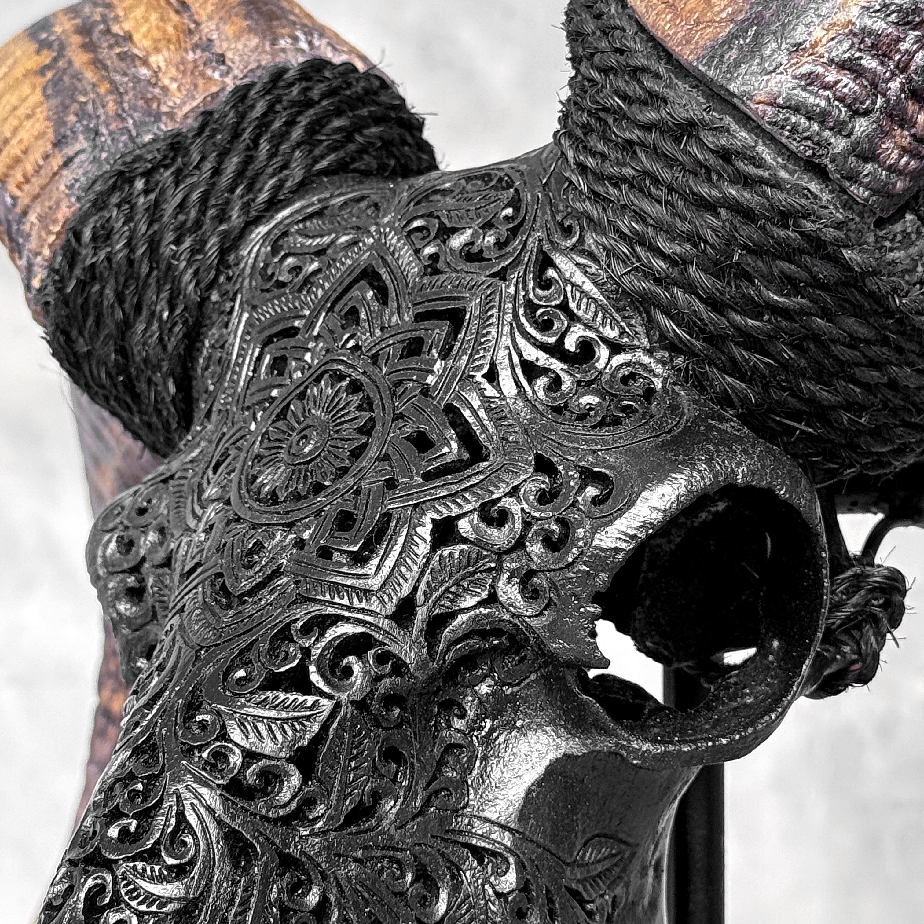 Carved Ram Skull with Star Mandala motif on stand - Skull,A/182