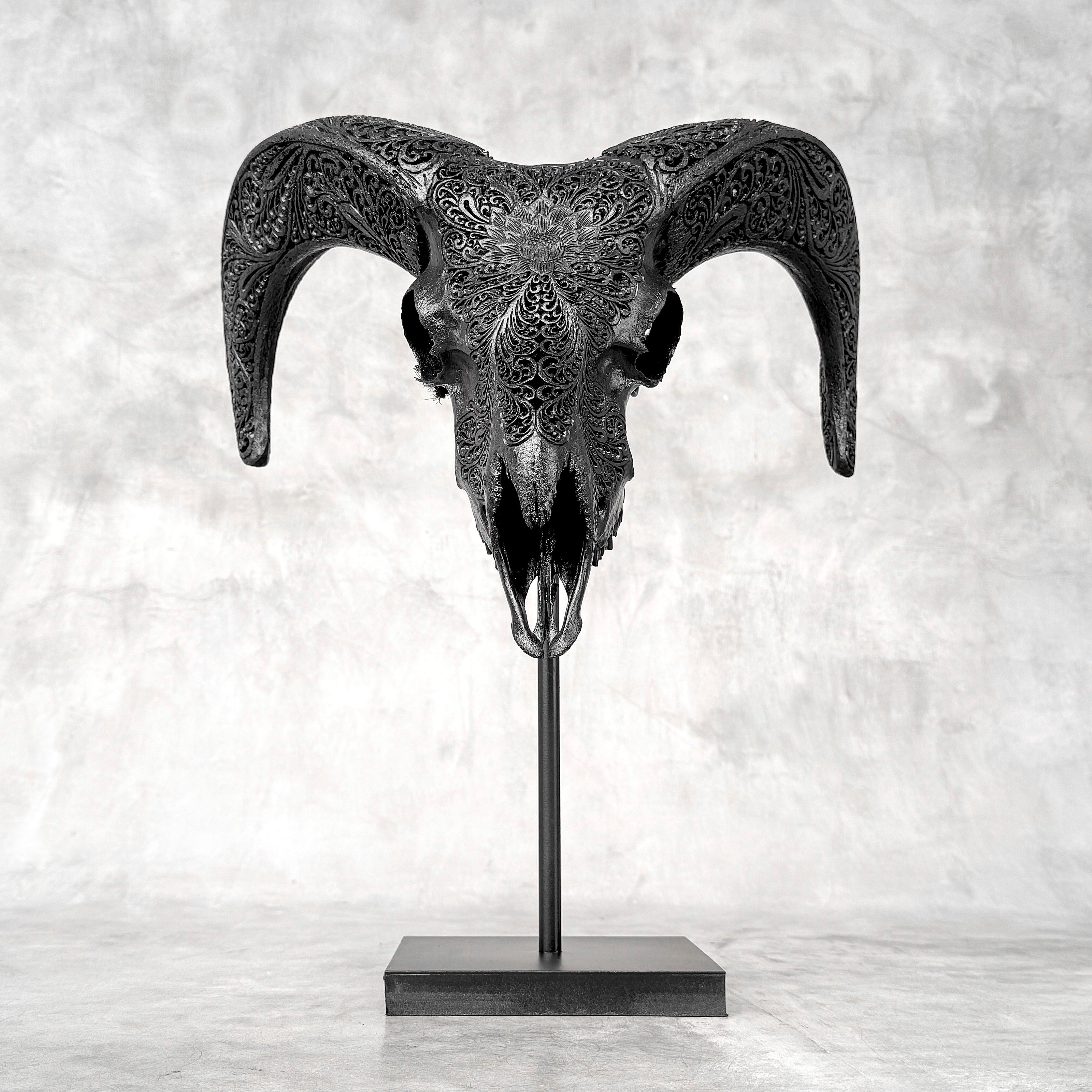 Black Ram Skull Carved Horns with Big Lotus motif on stand - Skull,A/163