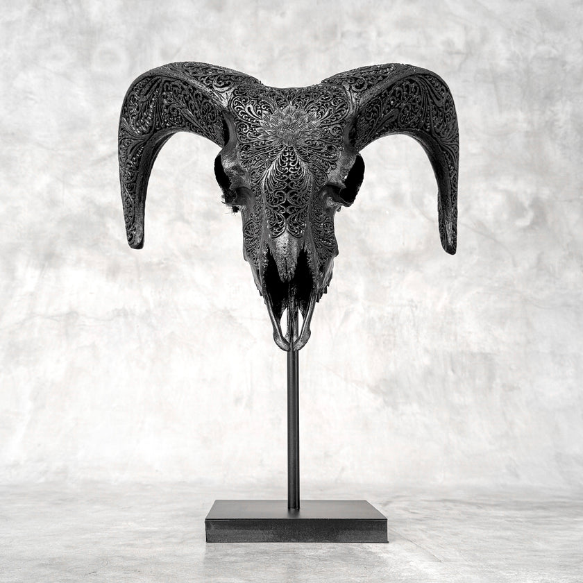 Black Ram Skull Carved Horns with Big Lotus motif on stand - Skull,A/163