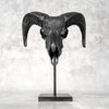 Black Ram Skull Carved Horns with Big Lotus motif on stand - Skull,A/163