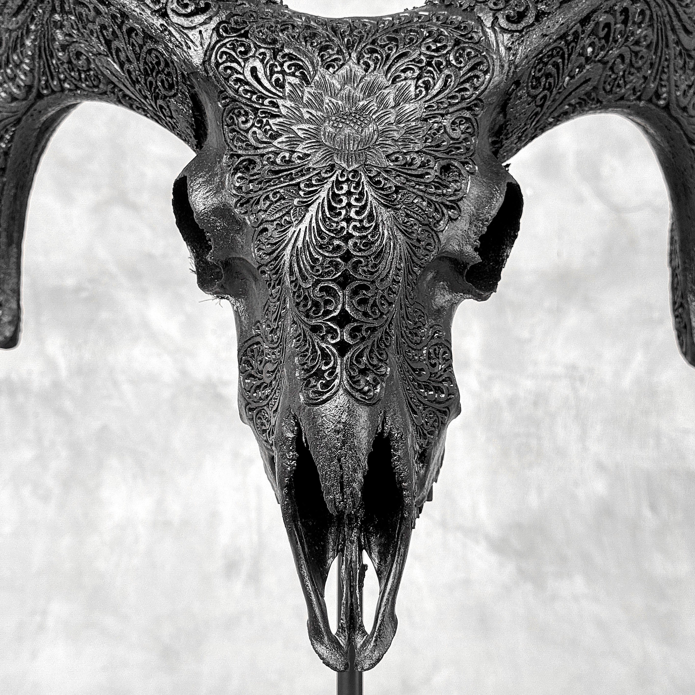 Black Ram Skull Carved Horns with Big Lotus motif on stand - Skull,A/163
