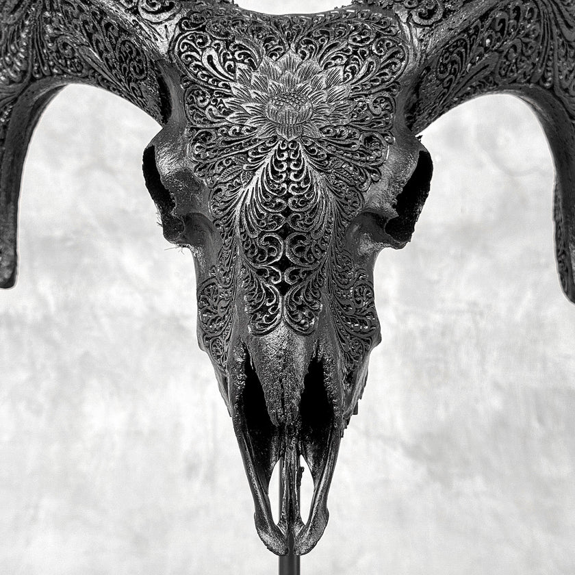 Black Ram Skull Carved Horns with Big Lotus motif on stand - Skull,A/163