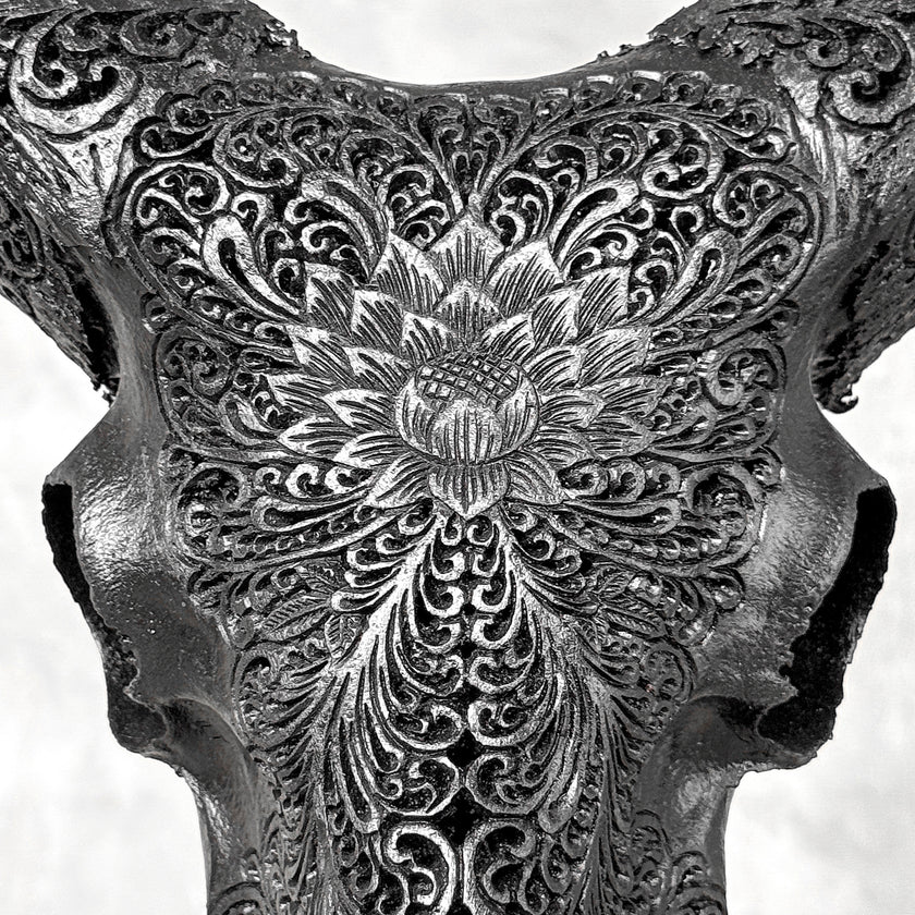 Black Ram Skull Carved Horns with Big Lotus motif on stand - Skull,A/163