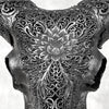 Black Ram Skull Carved Horns with Big Lotus motif on stand - Skull,A/163