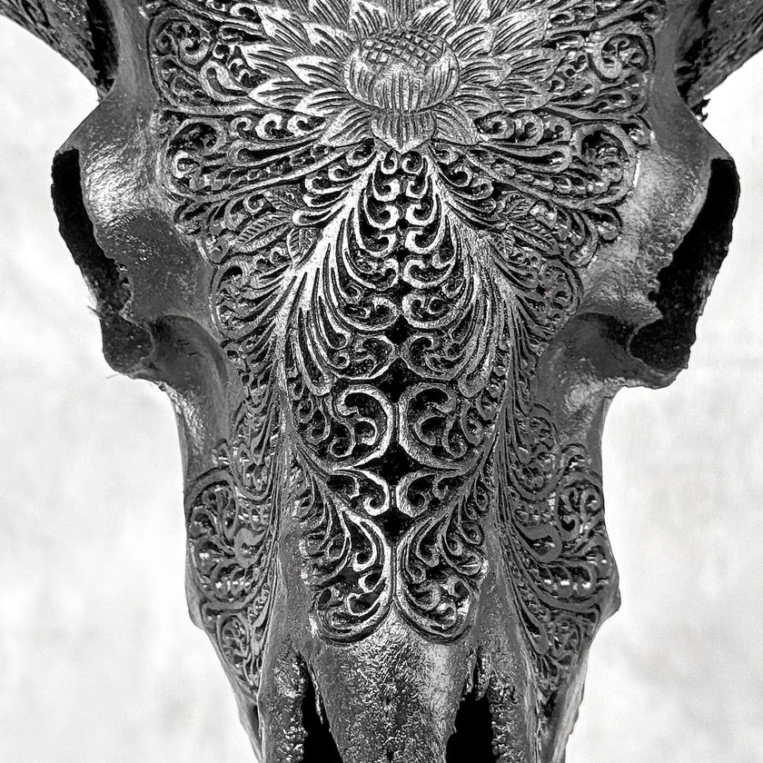 Black Ram Skull Carved Horns with Big Lotus motif on stand - Skull,A/163