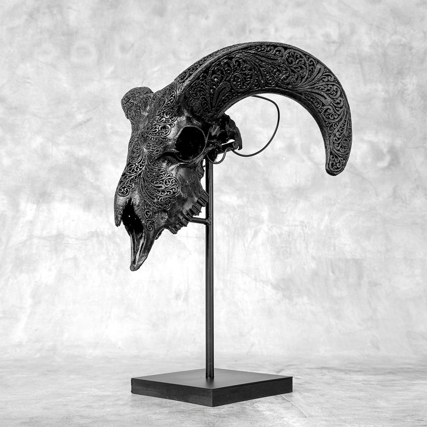 Black Ram Skull Carved Horns with Big Lotus motif on stand - Skull,A/163