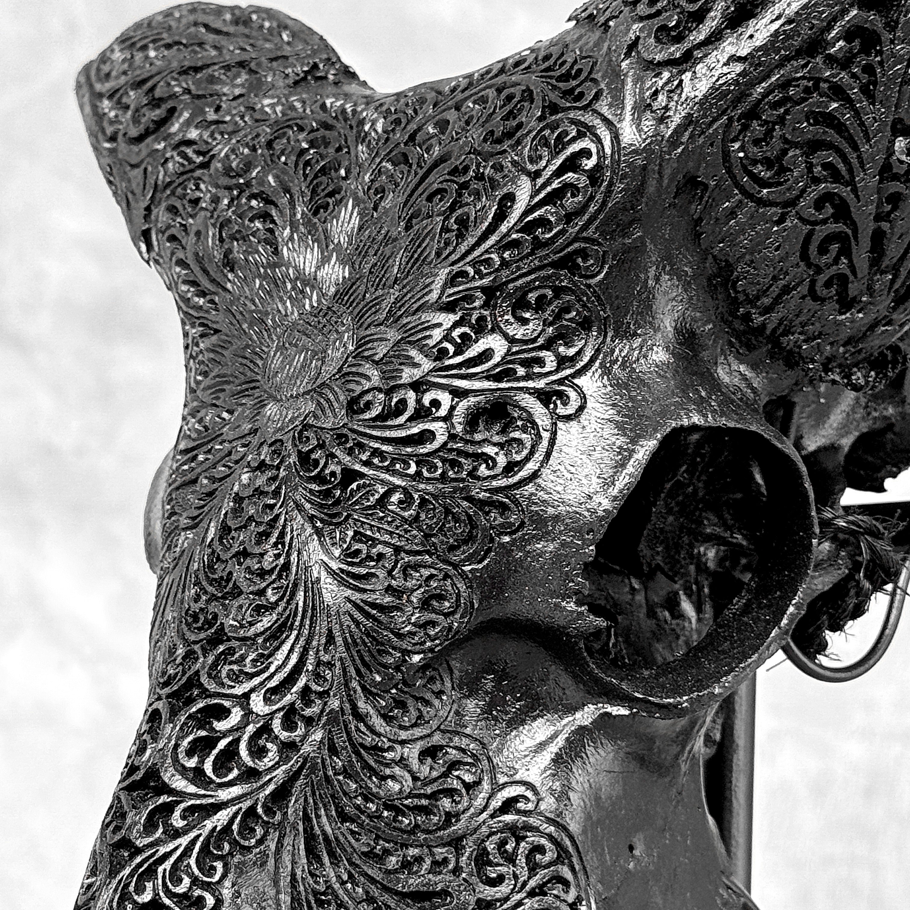 Black Ram Skull Carved Horns with Big Lotus motif on stand - Skull,A/163