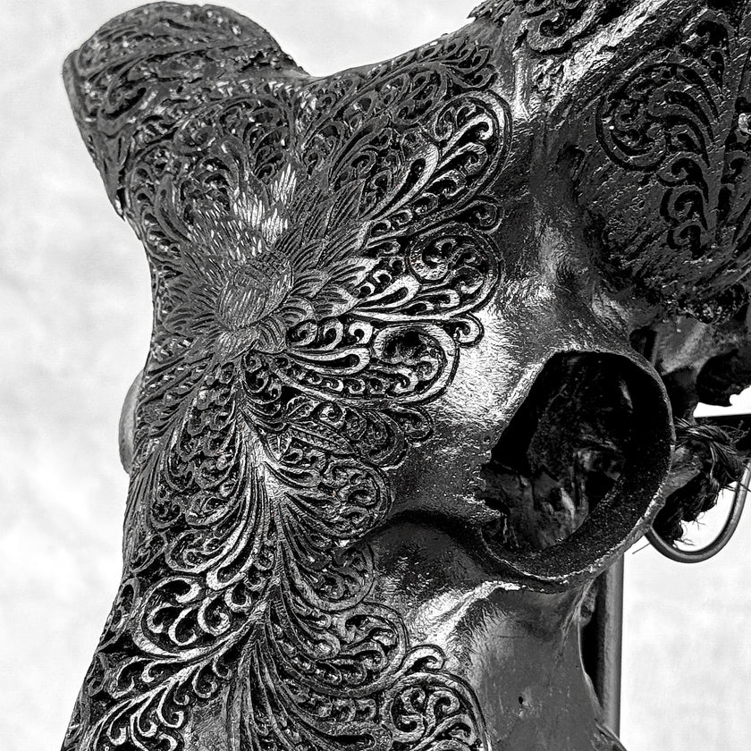 Black Ram Skull Carved Horns with Big Lotus motif on stand - Skull,A/163