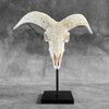 White Ram Skull Carved Horns with Flower Mandala motif on stand - Skull,A/165