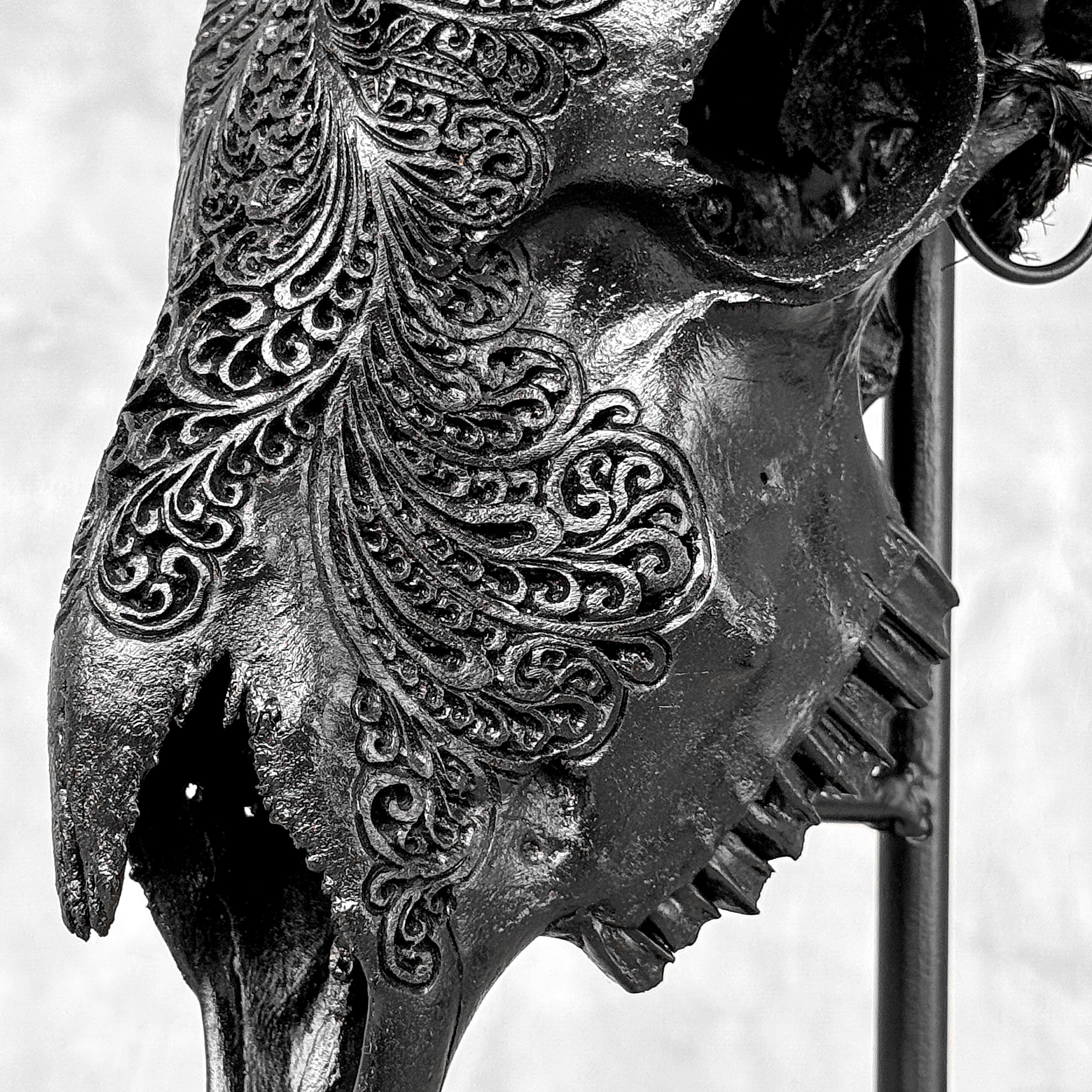 Black Ram Skull Carved Horns with Big Lotus motif on stand - Skull,A/163