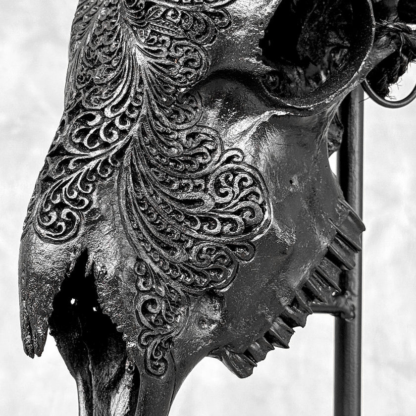 Black Ram Skull Carved Horns with Big Lotus motif on stand - Skull,A/163