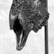 Black Ram Skull Carved Horns with Big Lotus motif on stand - Skull,A/163